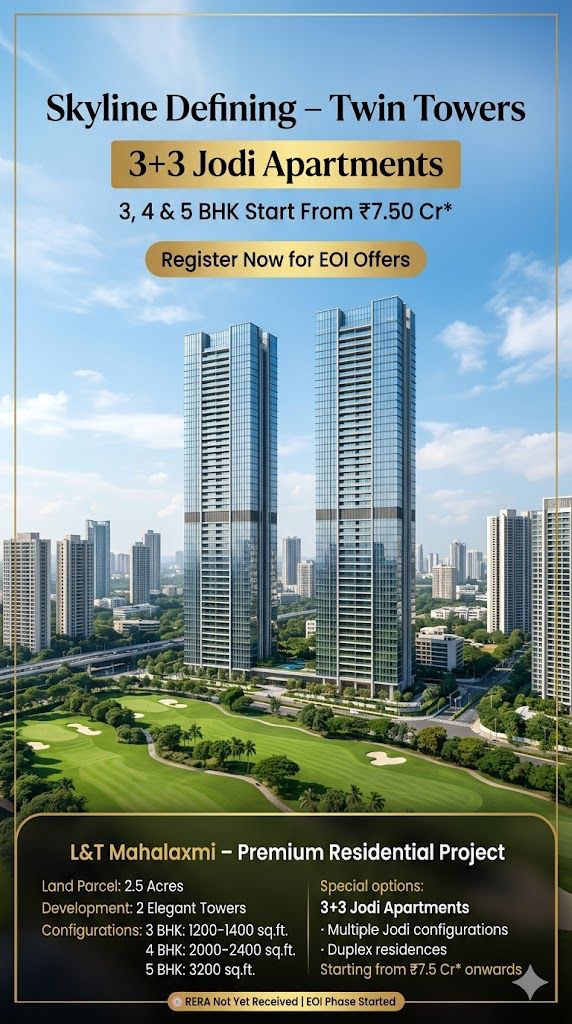 L&T Mahalaxmi Twin Towers elevation rendering showing 80-storey towers in South Mumbai