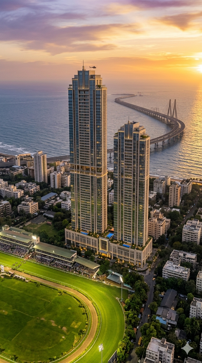 L&T Mahalaxmi twin tower aerial view showing 80-storey towers over Mumbai skyline